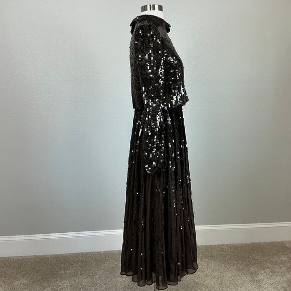 Mac Duggal Sequined Long Sleeve A-Line Midi Cocktail Dress Brown Size 2 - Picture 4 of 12